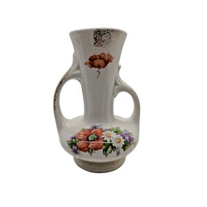 Vintage MCM Pioneer Pottery Double Handle Vase Floral Iridescent 5.5”